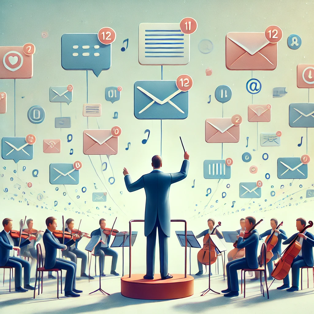 DALL·E 2025-03-20 10.47.33 - A conductor orchestrating emails and messages instead of a traditional orchestra. The conductor stands alone on a podium, waving a baton, while floati.webp